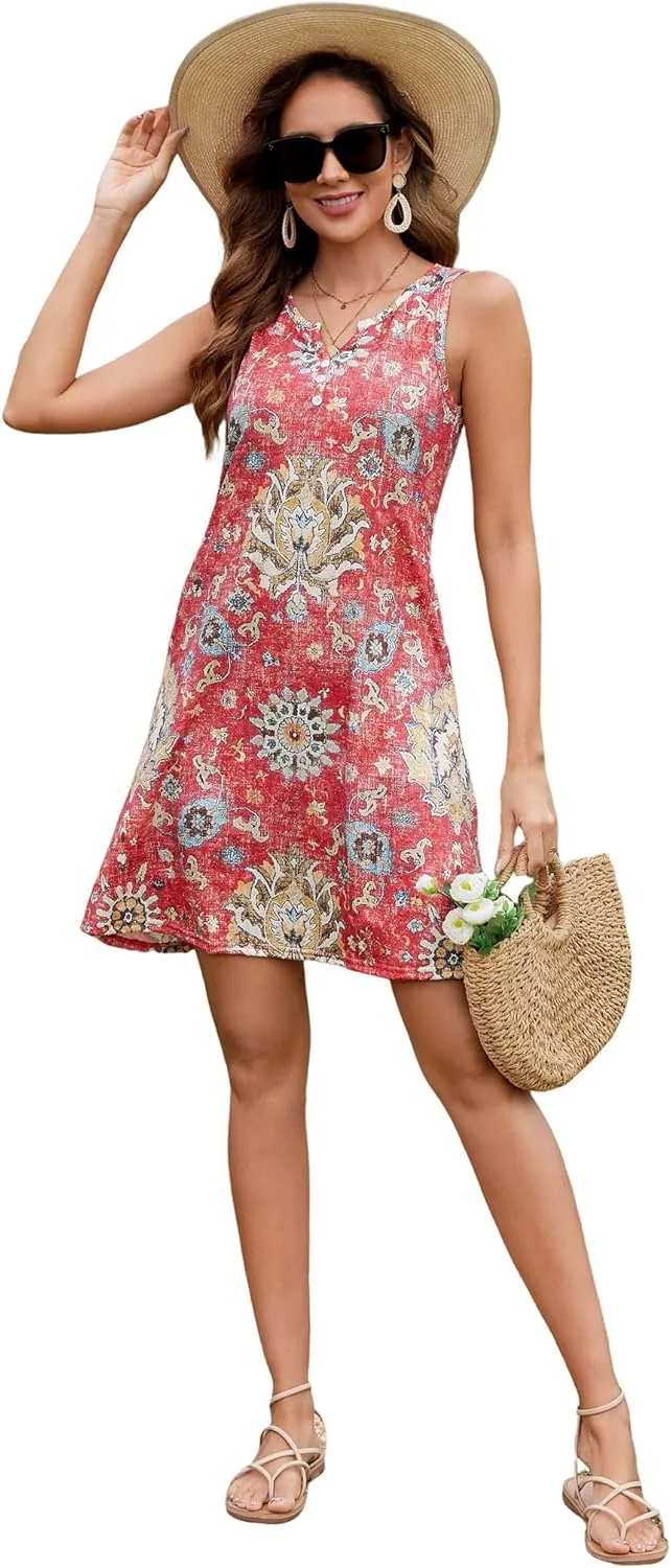 Ladlop Summer Dresses for Women 2025 Beach Loose Casual A Line Dress Sleeveless V-Neck Sundress with Pockets