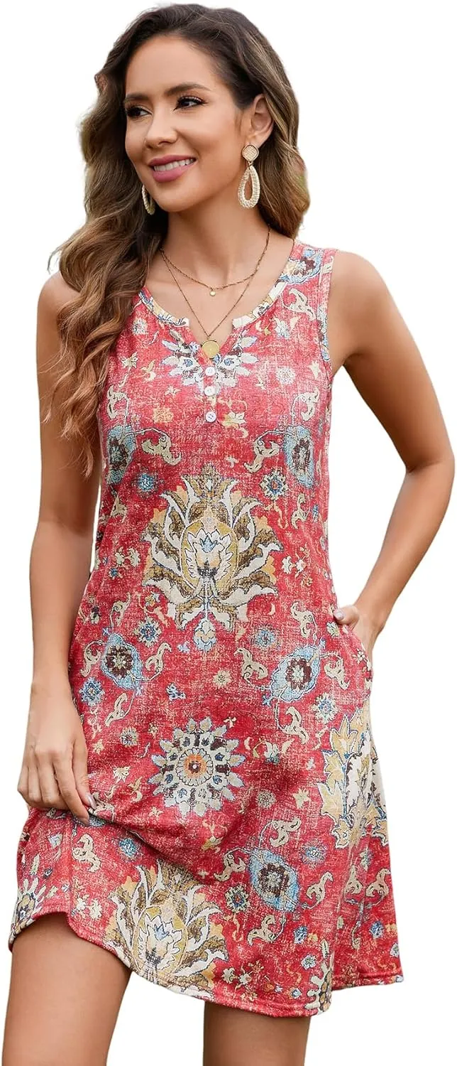 Ladlop Summer Dresses for Women 2025 Beach Loose Casual A Line Dress Sleeveless V-Neck Sundress with Pockets