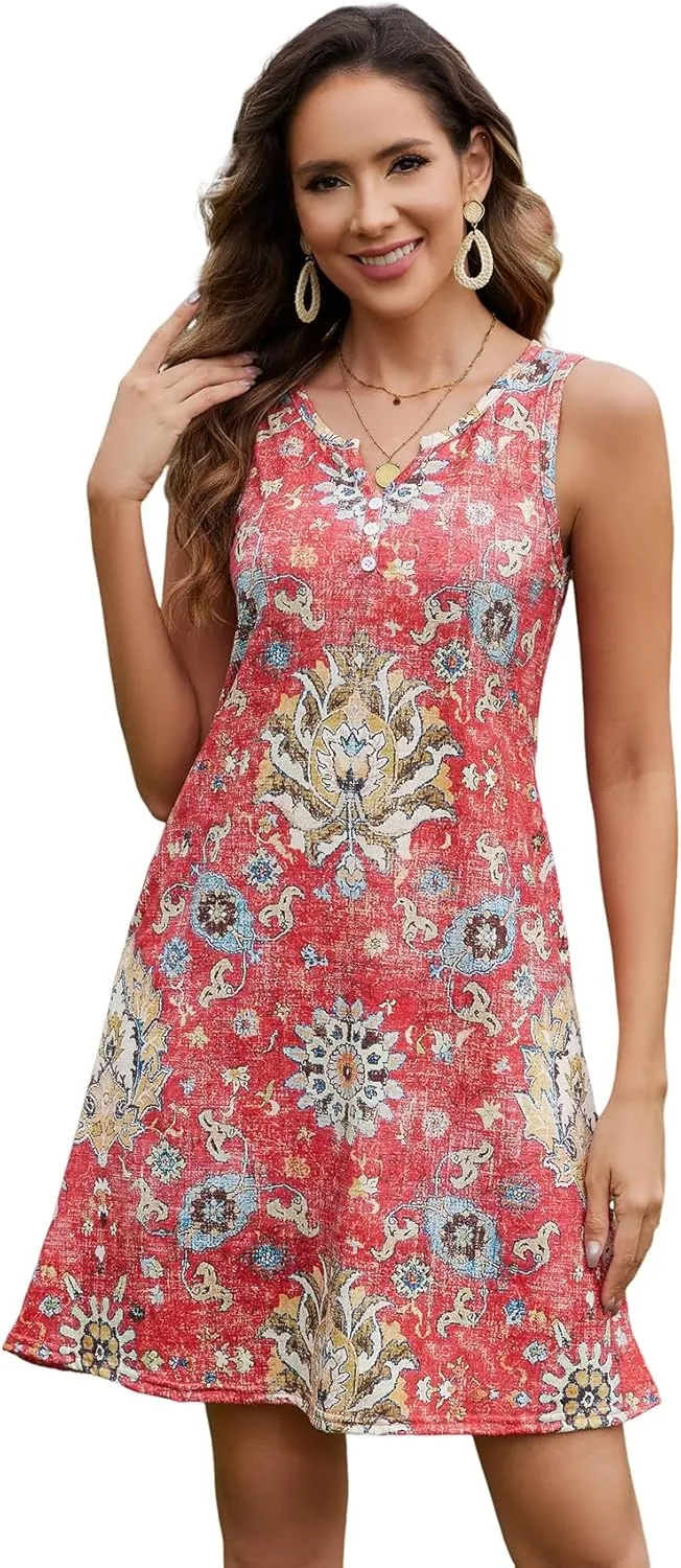 Ladlop Summer Dresses for Women 2025 Beach Loose Casual A Line Dress Sleeveless V-Neck Sundress with Pockets