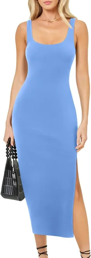 LAGSHIAN Women's Summer Bodycon Tank Dress Sexy Sleeveless Side Slit Midi Dresses