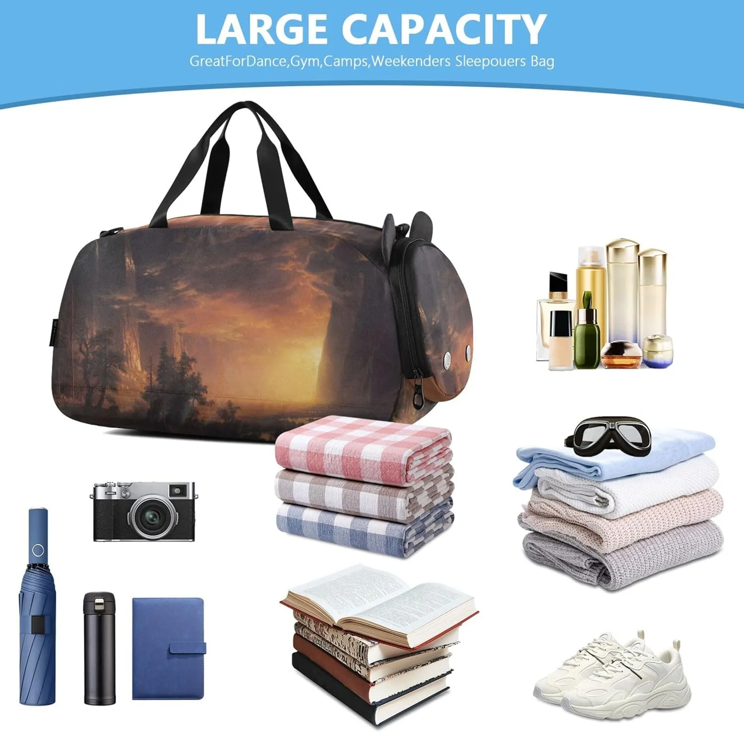 Landscape Bierstadt Albert Sunset Yosemite Valley Girls Tote Duffle Bags Travel Weekend Duffel Overnight Carry on Duffel Bag Boys Dance Kids Luggage