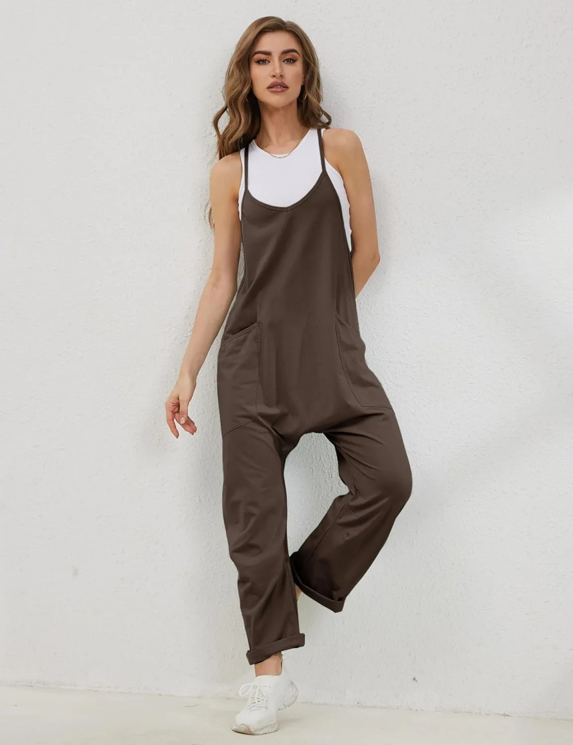Lentta Women's Causal Jumpsuits V Neck Sleeveless Harem Overalls Stretchy Adjustable Strap Romper with Pockets