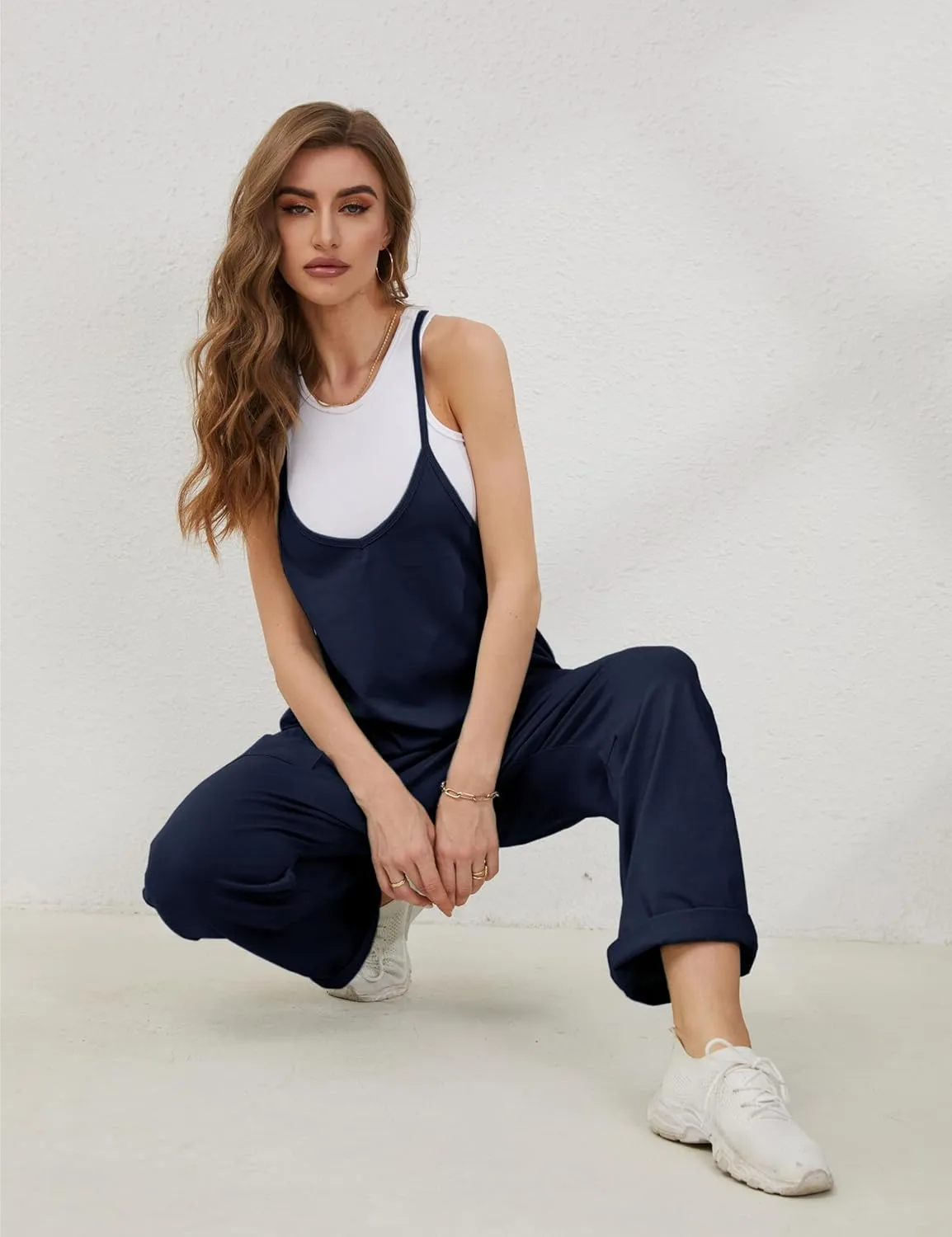 Lentta Women's Causal Jumpsuits V Neck Sleeveless Harem Overalls Stretchy Adjustable Strap Romper with Pockets