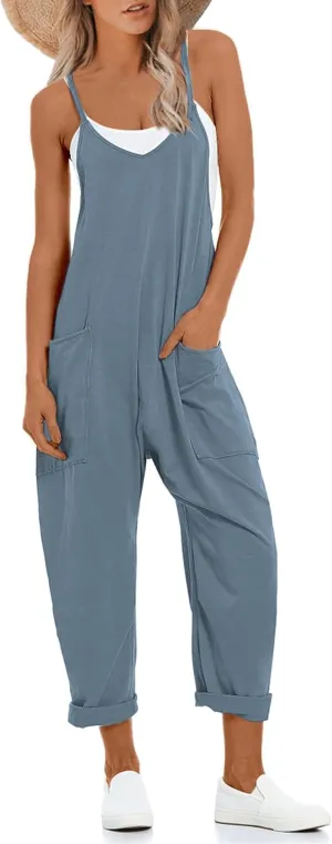 Lentta Women's Causal Jumpsuits V Neck Sleeveless Harem Overalls Stretchy Adjustable Strap Romper with Pockets