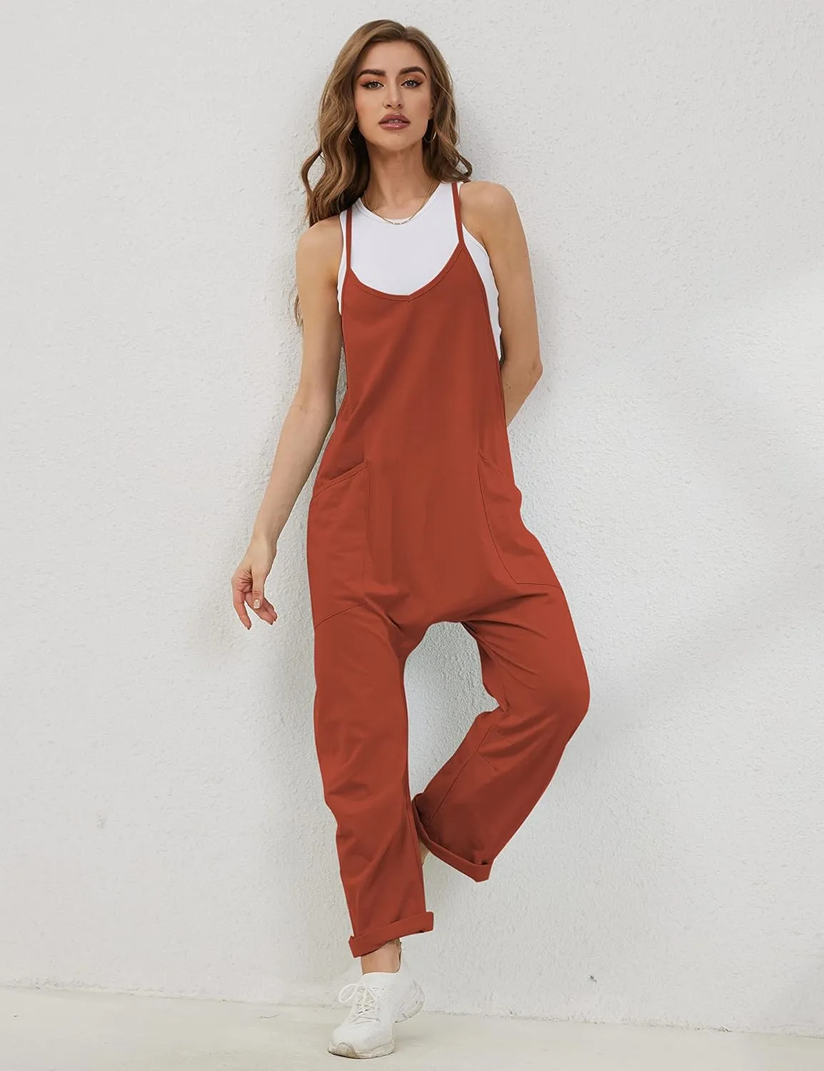 Lentta Women's Causal Jumpsuits V Neck Sleeveless Harem Overalls Stretchy Adjustable Strap Romper with Pockets