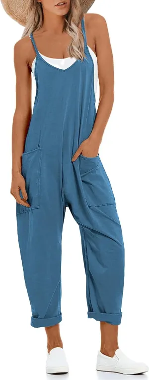 Lentta Women's Causal Jumpsuits V Neck Sleeveless Harem Overalls Stretchy Adjustable Strap Romper with Pockets