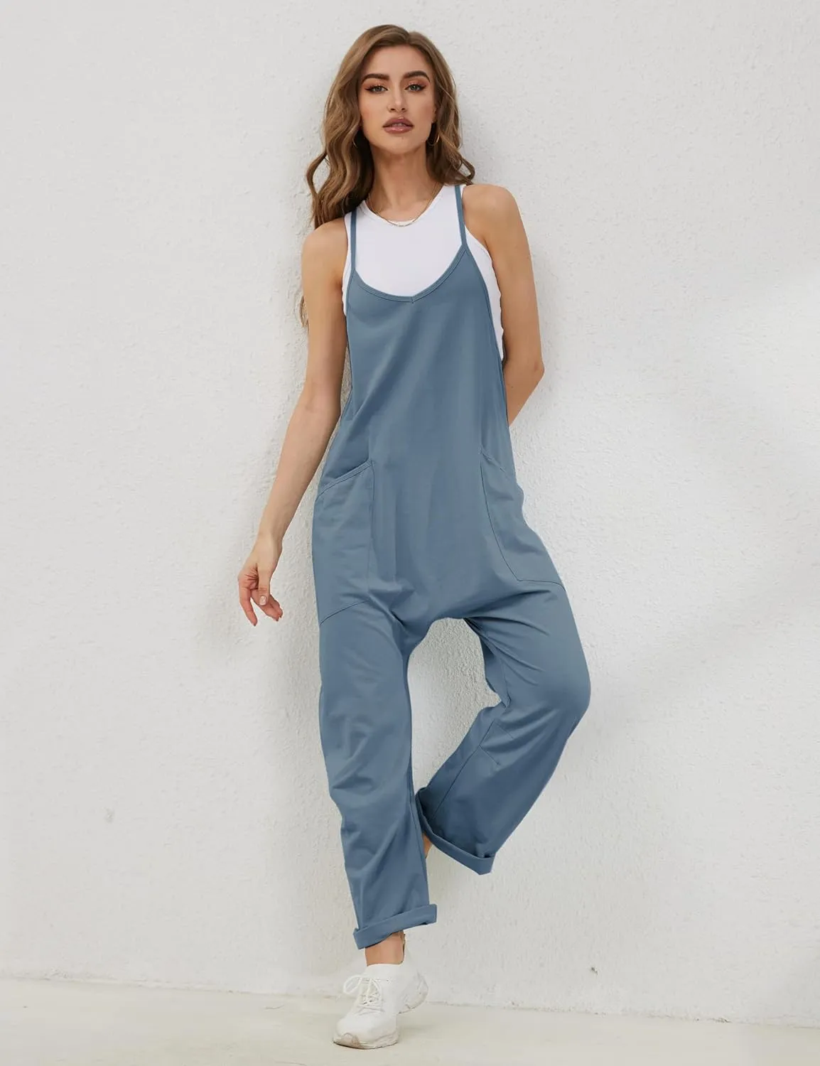 Lentta Women's Causal Jumpsuits V Neck Sleeveless Harem Overalls Stretchy Adjustable Strap Romper with Pockets