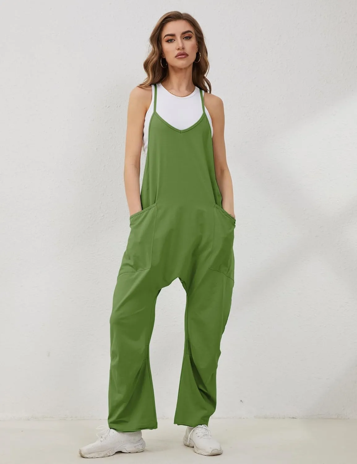 Lentta Women's Causal Jumpsuits V Neck Sleeveless Harem Overalls Stretchy Adjustable Strap Romper with Pockets