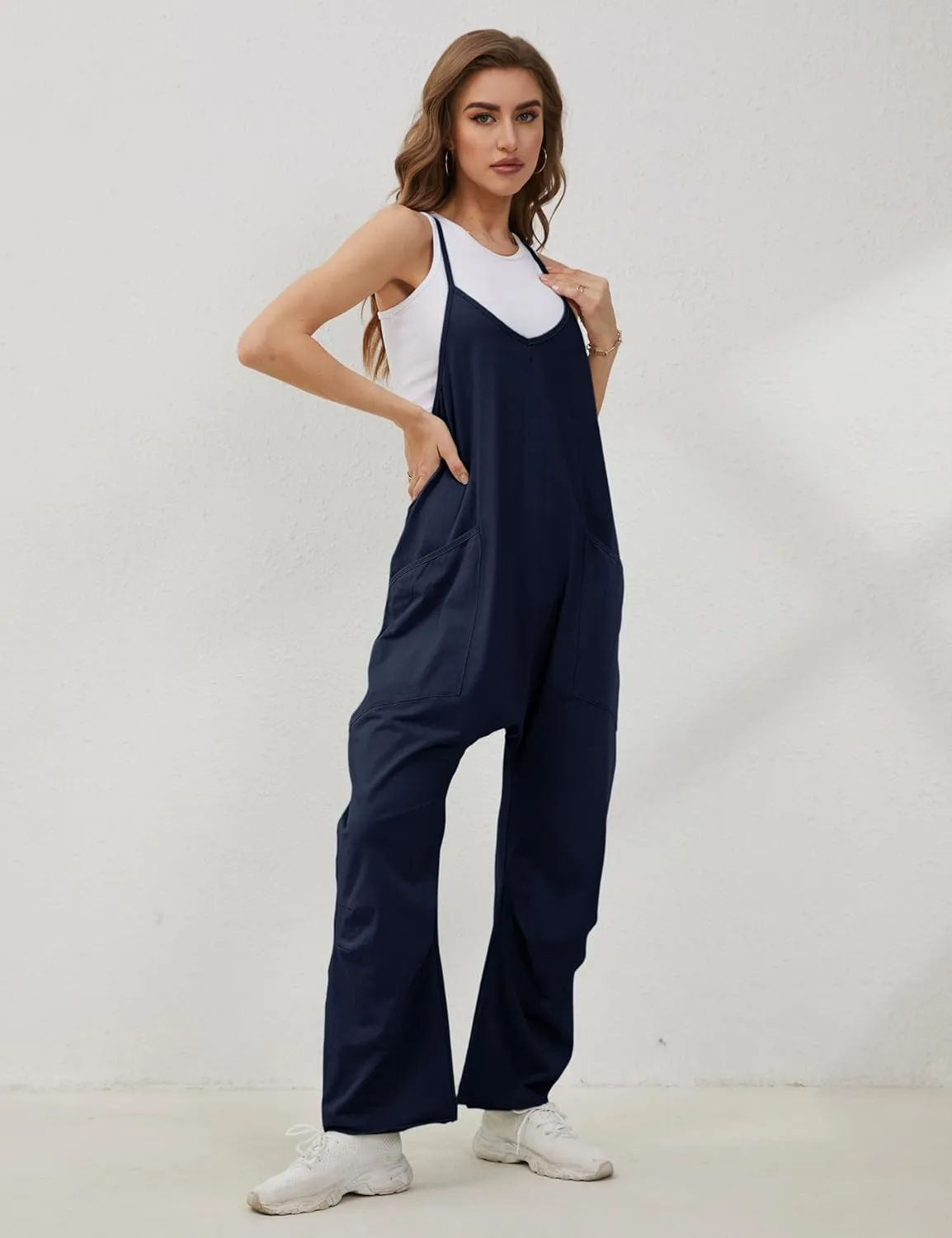 Lentta Women's Causal Jumpsuits V Neck Sleeveless Harem Overalls Stretchy Adjustable Strap Romper with Pockets