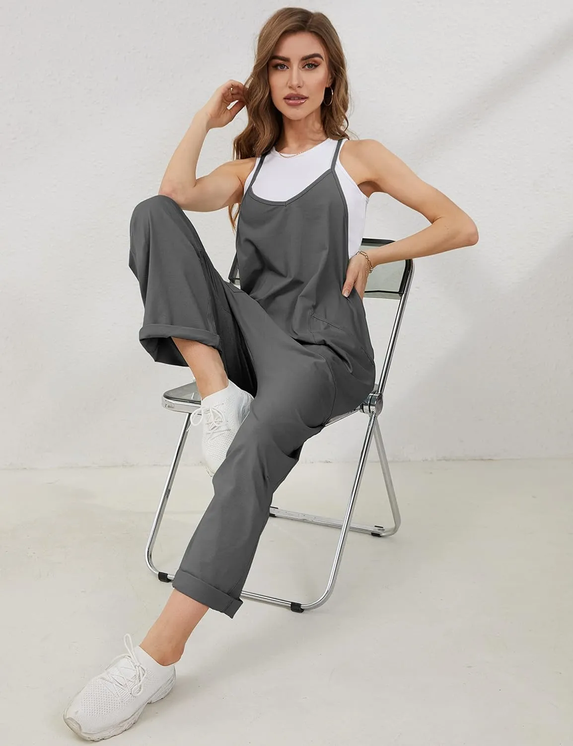 Lentta Women's Causal Jumpsuits V Neck Sleeveless Harem Overalls Stretchy Adjustable Strap Romper with Pockets