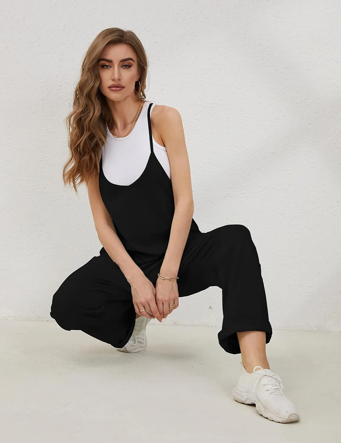 Lentta Women's Causal Jumpsuits V Neck Sleeveless Harem Overalls Stretchy Adjustable Strap Romper with Pockets