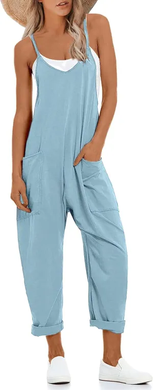 Lentta Women's Causal Jumpsuits V Neck Sleeveless Harem Overalls Stretchy Adjustable Strap Romper with Pockets
