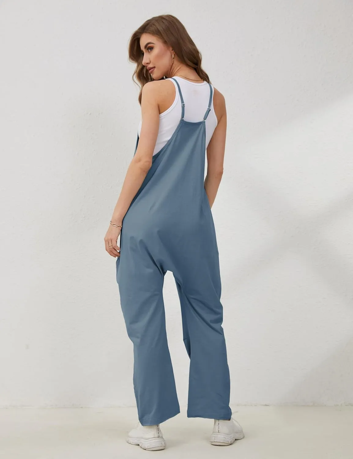 Lentta Women's Causal Jumpsuits V Neck Sleeveless Harem Overalls Stretchy Adjustable Strap Romper with Pockets