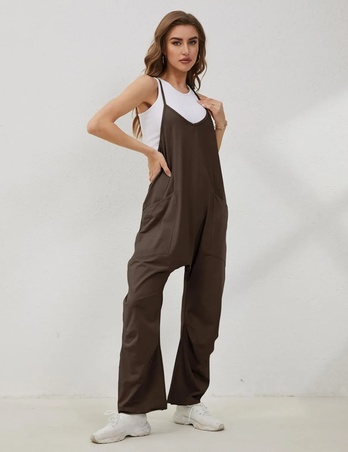 Lentta Women's Causal Jumpsuits V Neck Sleeveless Harem Overalls Stretchy Adjustable Strap Romper with Pockets