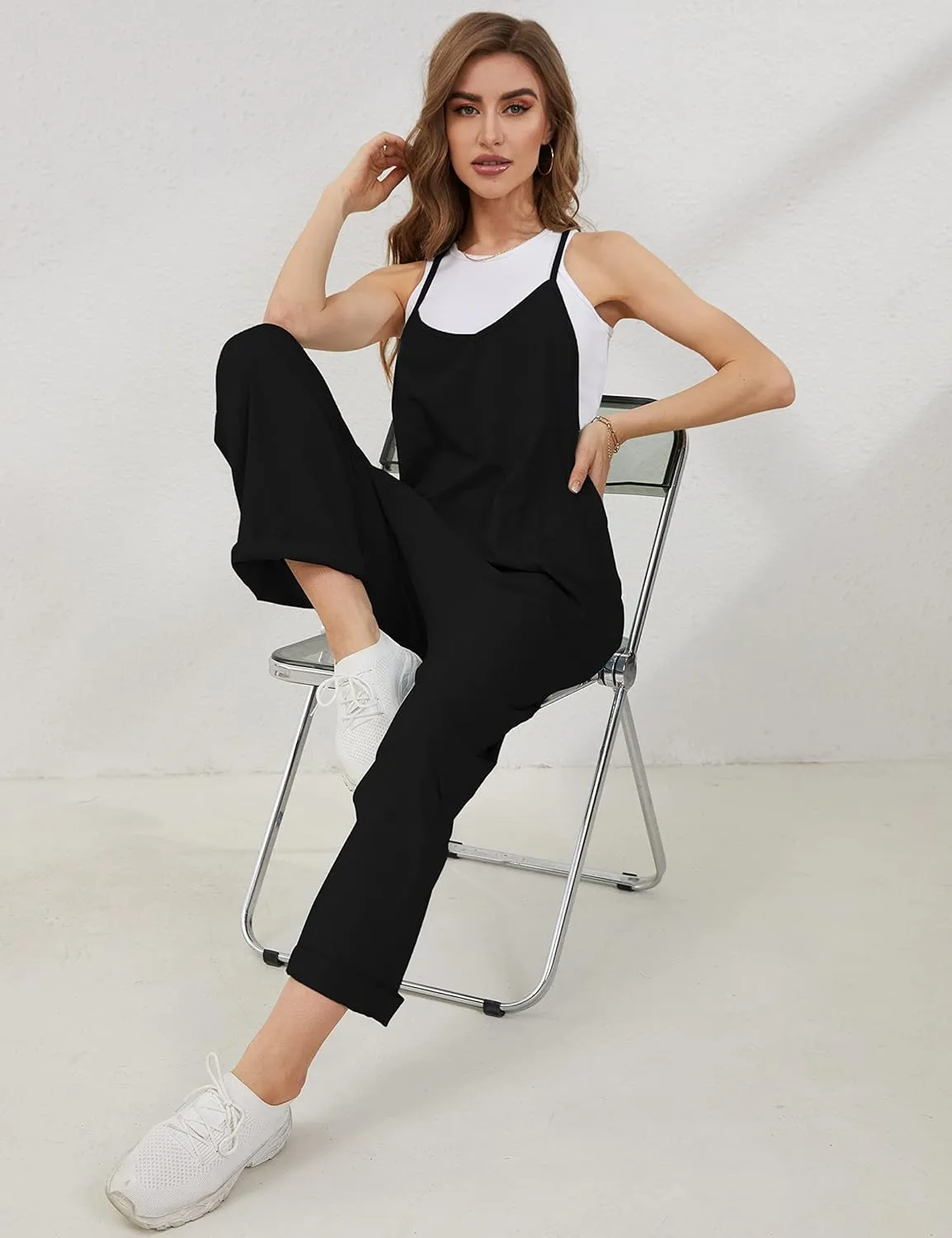 Lentta Women's Causal Jumpsuits V Neck Sleeveless Harem Overalls Stretchy Adjustable Strap Romper with Pockets