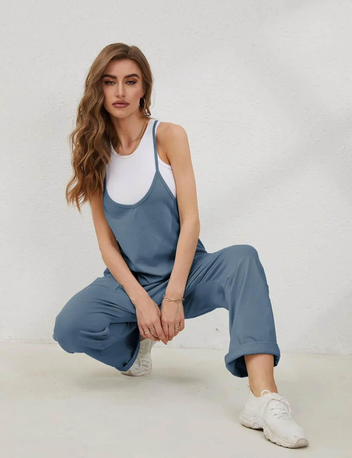 Lentta Women's Causal Jumpsuits V Neck Sleeveless Harem Overalls Stretchy Adjustable Strap Romper with Pockets