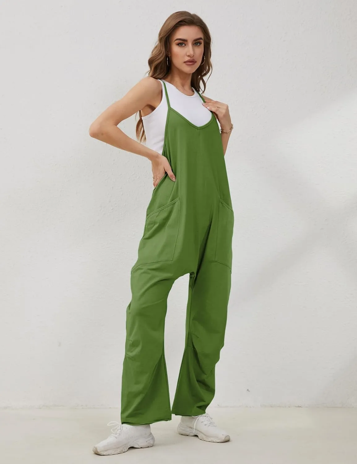 Lentta Women's Causal Jumpsuits V Neck Sleeveless Harem Overalls Stretchy Adjustable Strap Romper with Pockets