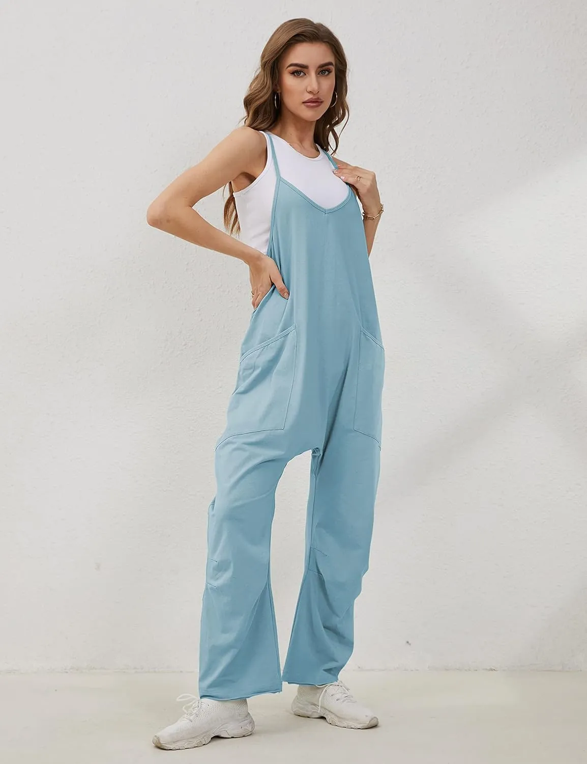 Lentta Women's Causal Jumpsuits V Neck Sleeveless Harem Overalls Stretchy Adjustable Strap Romper with Pockets