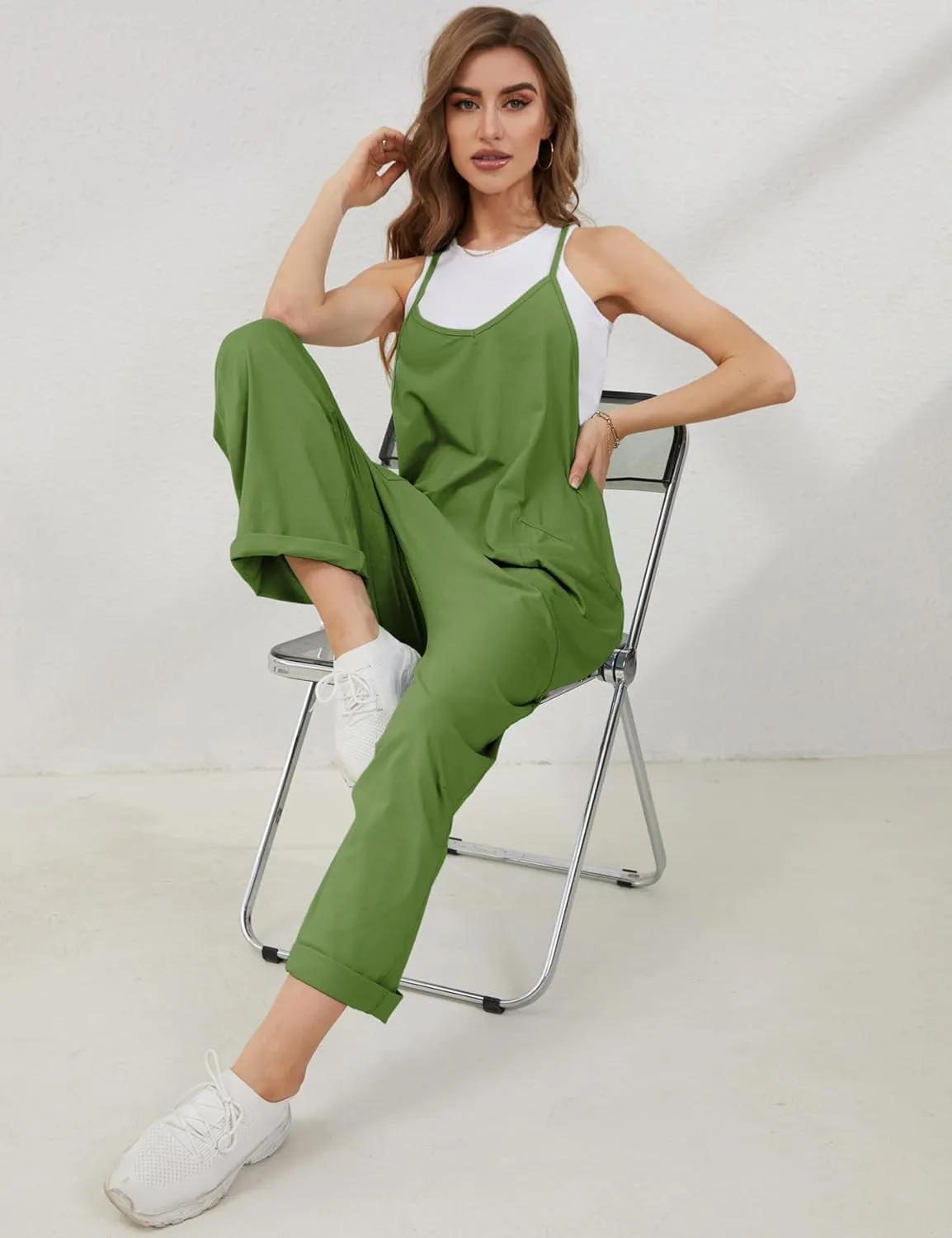 Lentta Women's Causal Jumpsuits V Neck Sleeveless Harem Overalls Stretchy Adjustable Strap Romper with Pockets