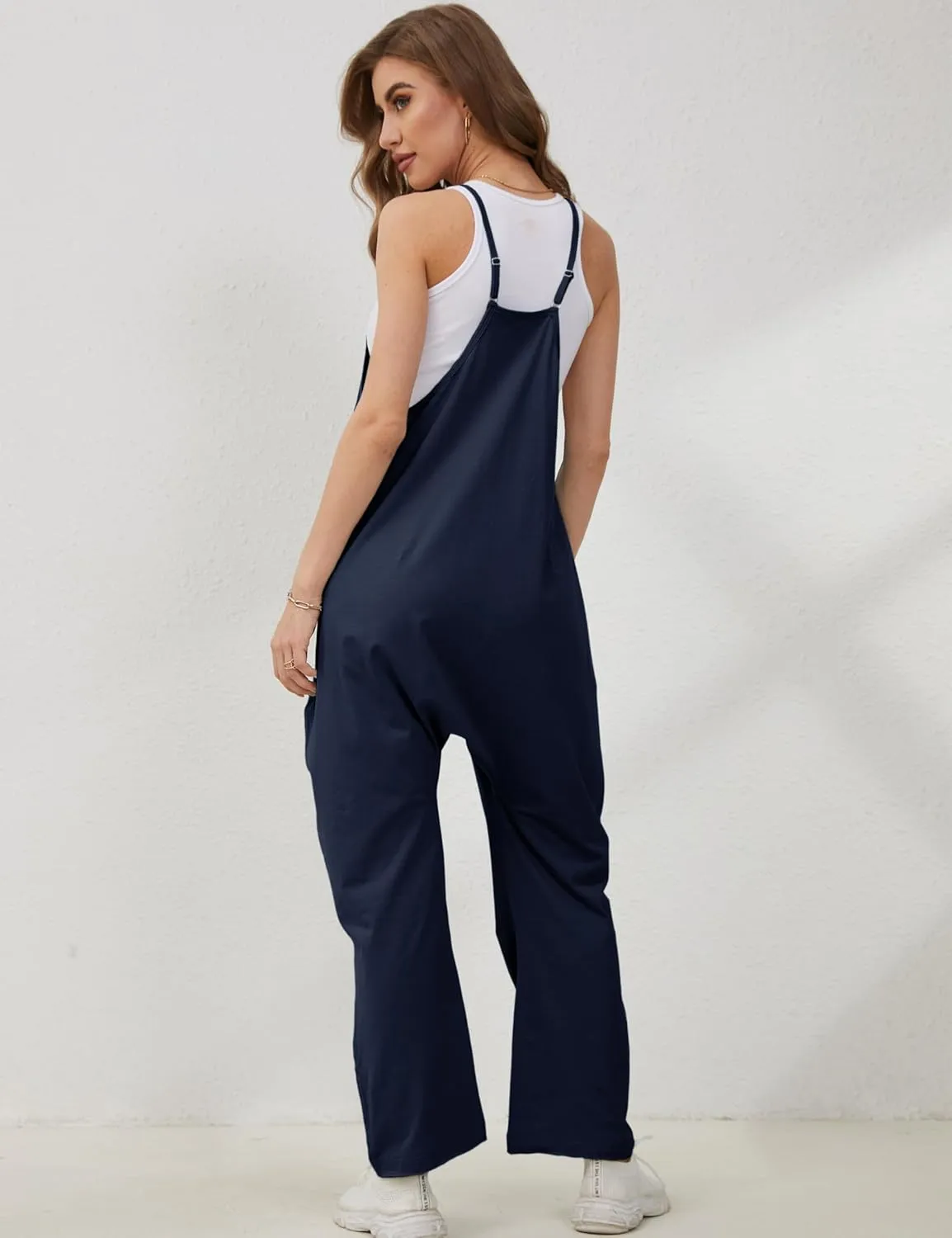 Lentta Women's Causal Jumpsuits V Neck Sleeveless Harem Overalls Stretchy Adjustable Strap Romper with Pockets