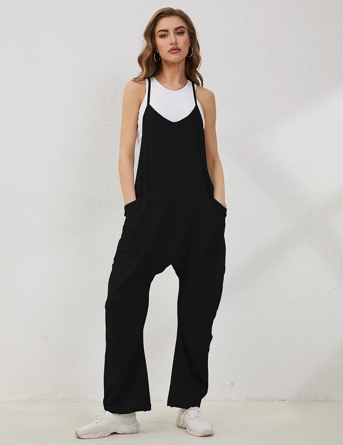 Lentta Women's Causal Jumpsuits V Neck Sleeveless Harem Overalls Stretchy Adjustable Strap Romper with Pockets