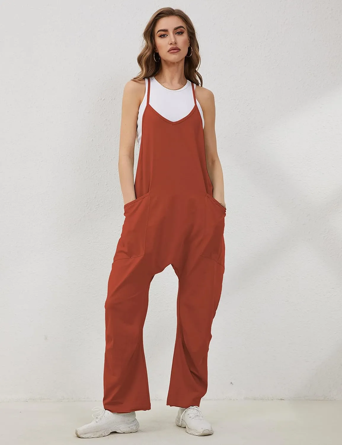 Lentta Women's Causal Jumpsuits V Neck Sleeveless Harem Overalls Stretchy Adjustable Strap Romper with Pockets