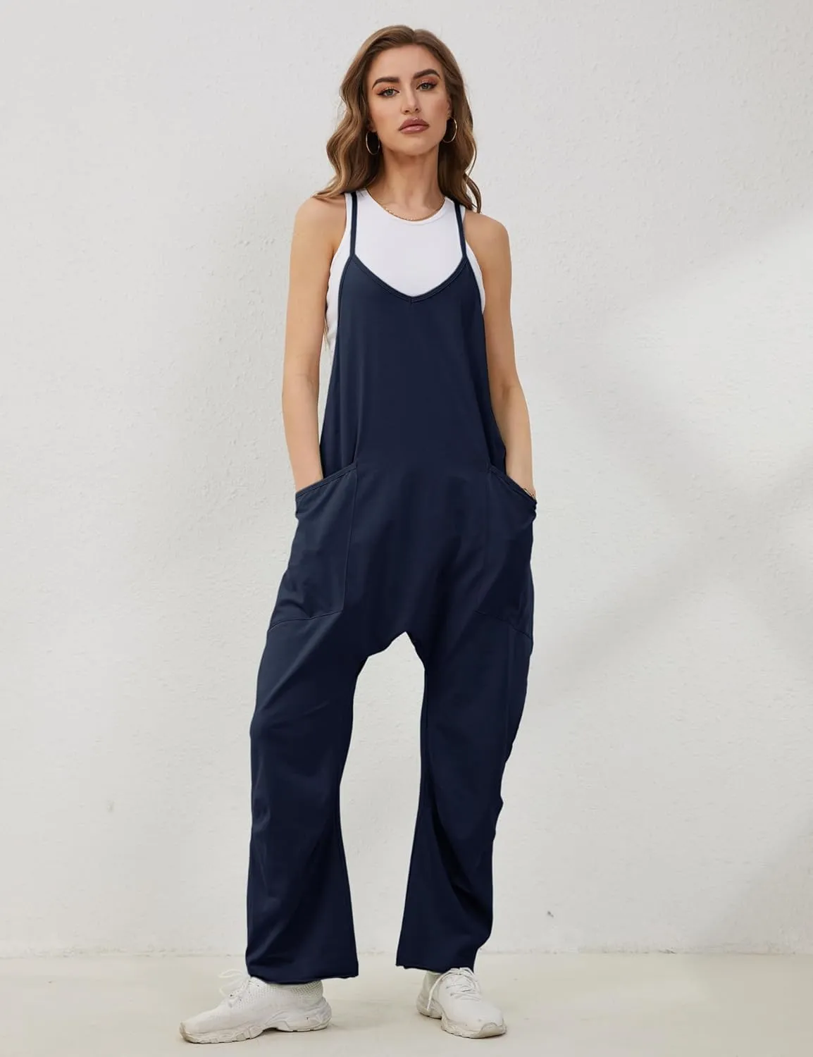 Lentta Women's Causal Jumpsuits V Neck Sleeveless Harem Overalls Stretchy Adjustable Strap Romper with Pockets