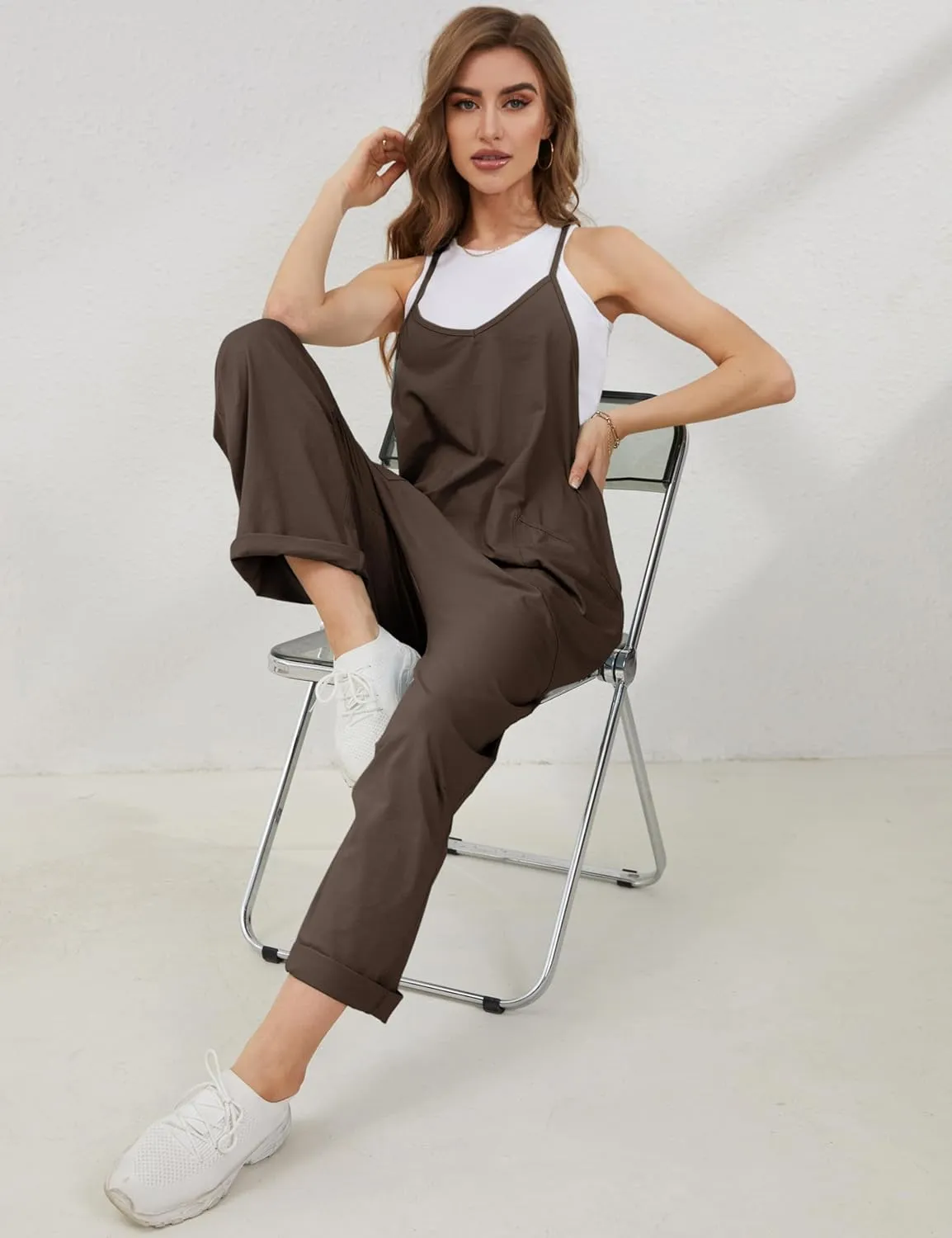 Lentta Women's Causal Jumpsuits V Neck Sleeveless Harem Overalls Stretchy Adjustable Strap Romper with Pockets