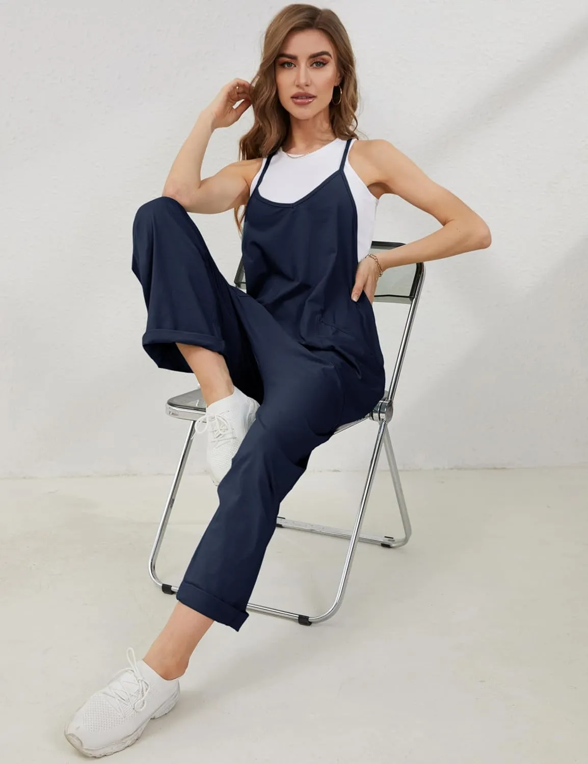 Lentta Women's Causal Jumpsuits V Neck Sleeveless Harem Overalls Stretchy Adjustable Strap Romper with Pockets