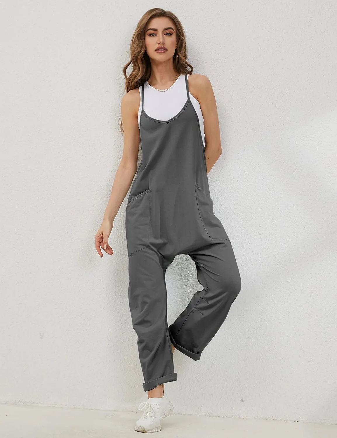 Lentta Women's Causal Jumpsuits V Neck Sleeveless Harem Overalls Stretchy Adjustable Strap Romper with Pockets
