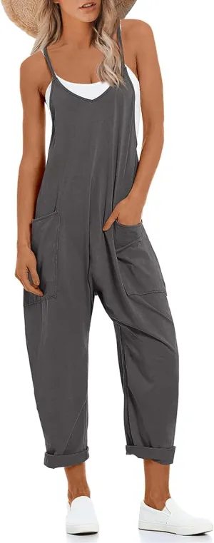 Lentta Women's Causal Jumpsuits V Neck Sleeveless Harem Overalls Stretchy Adjustable Strap Romper with Pockets