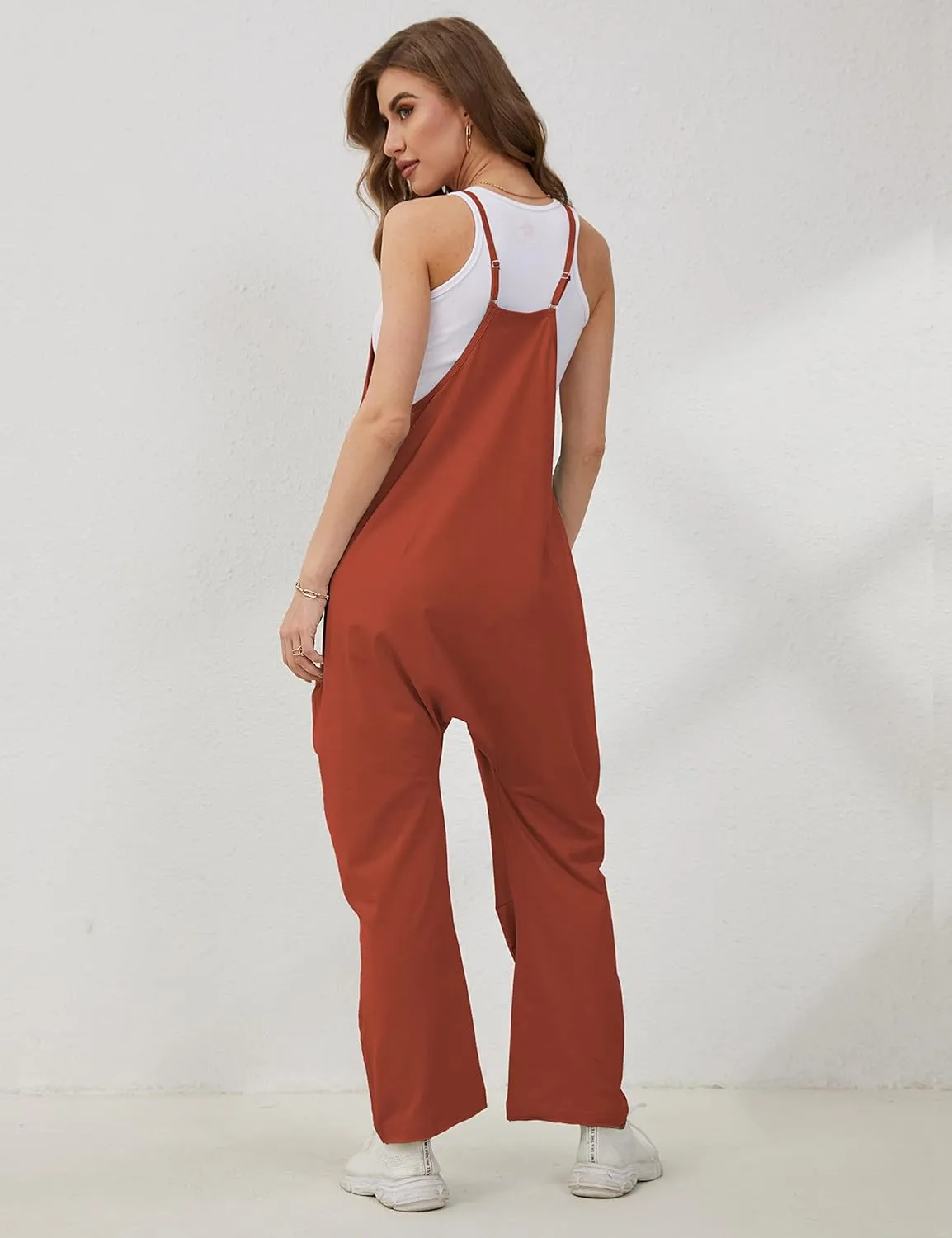 Lentta Women's Causal Jumpsuits V Neck Sleeveless Harem Overalls Stretchy Adjustable Strap Romper with Pockets