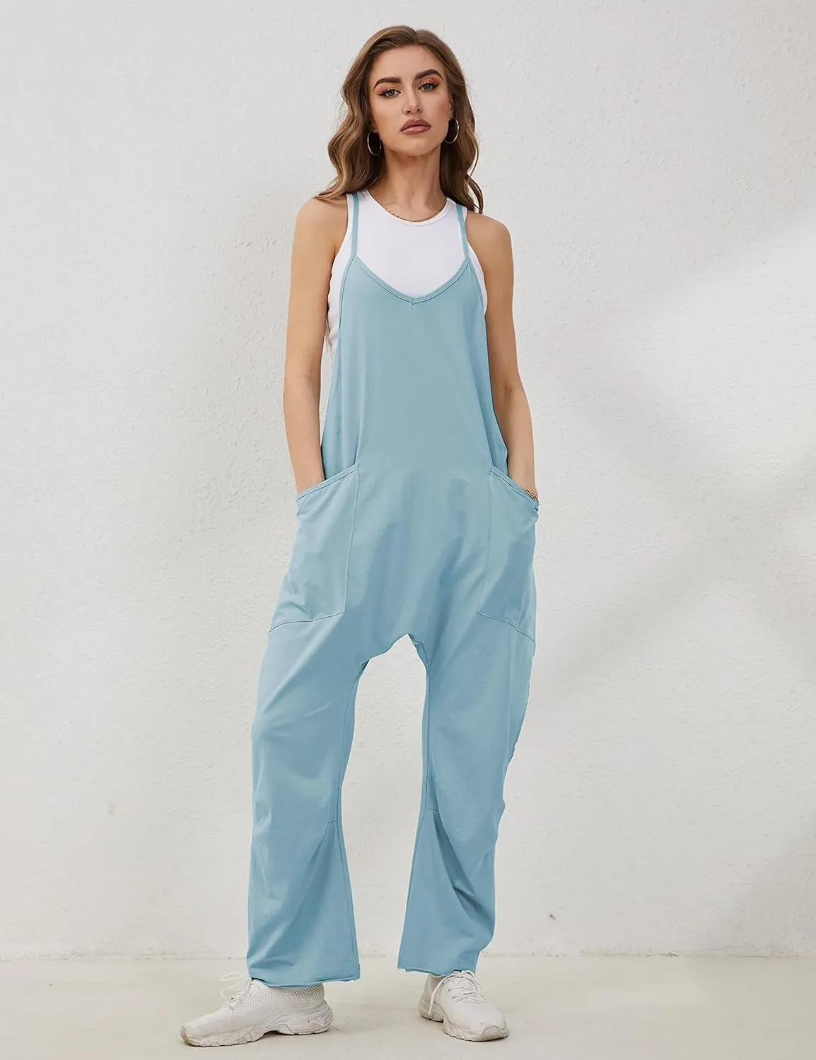 Lentta Women's Causal Jumpsuits V Neck Sleeveless Harem Overalls Stretchy Adjustable Strap Romper with Pockets