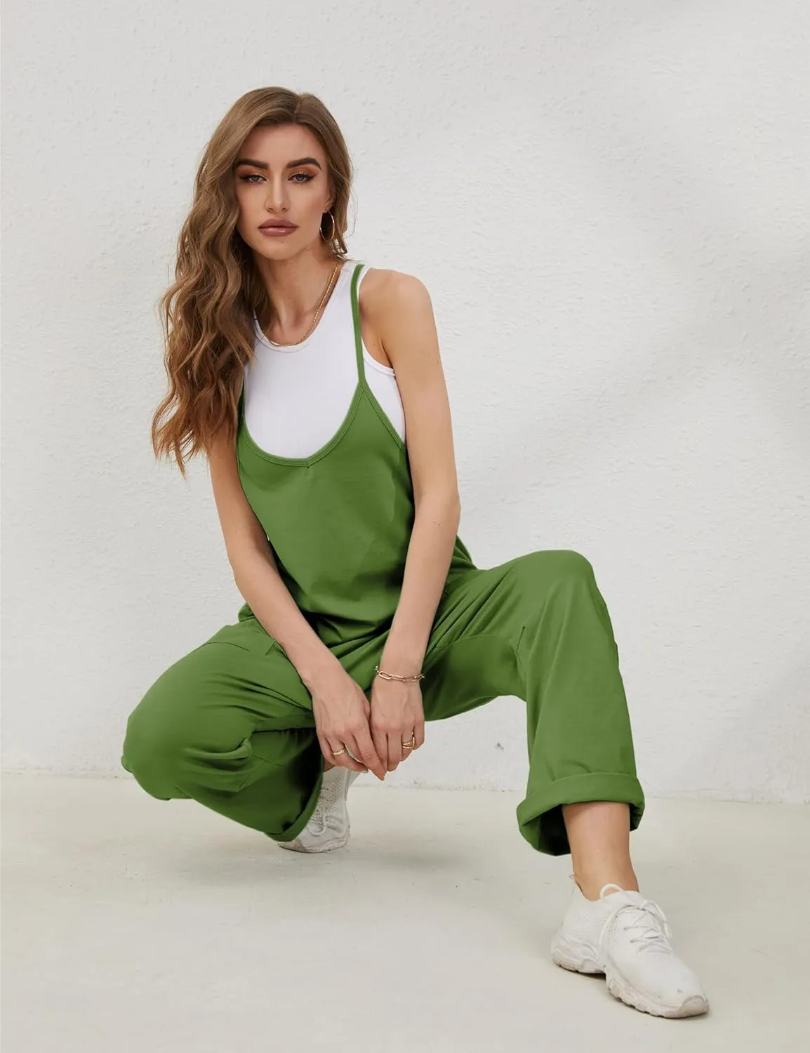 Lentta Women's Causal Jumpsuits V Neck Sleeveless Harem Overalls Stretchy Adjustable Strap Romper with Pockets