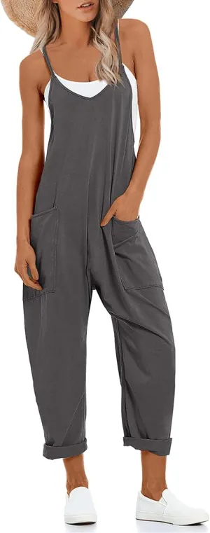 Lentta Women's Causal Jumpsuits V Neck Sleeveless Harem Overalls Stretchy Adjustable Strap Romper with Pockets