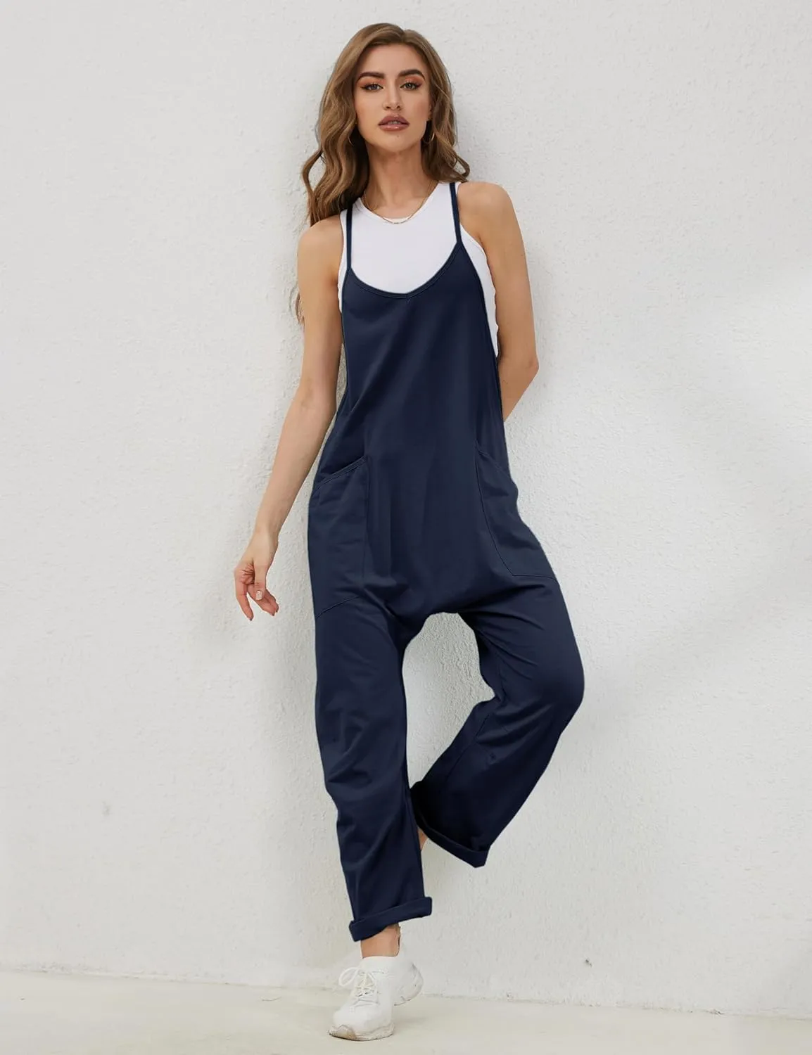 Lentta Women's Causal Jumpsuits V Neck Sleeveless Harem Overalls Stretchy Adjustable Strap Romper with Pockets