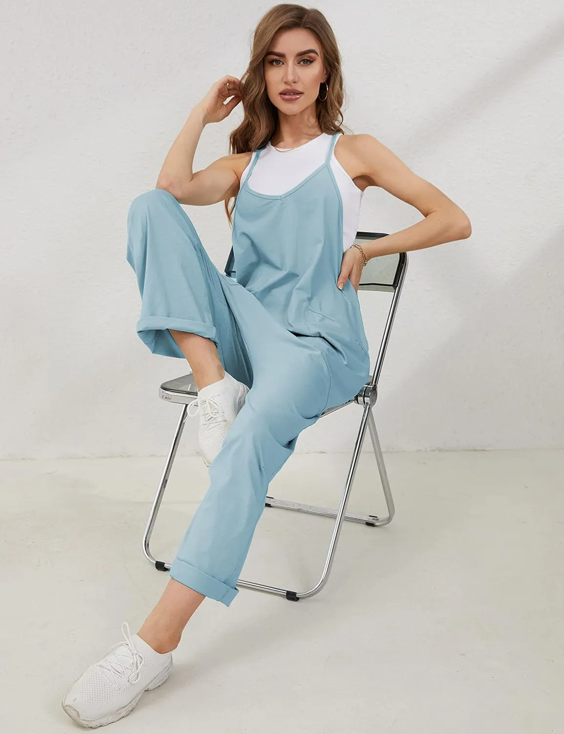 Lentta Women's Causal Jumpsuits V Neck Sleeveless Harem Overalls Stretchy Adjustable Strap Romper with Pockets