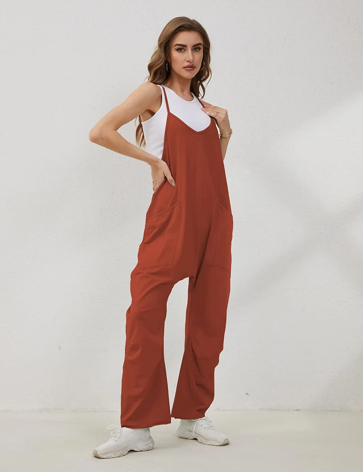 Lentta Women's Causal Jumpsuits V Neck Sleeveless Harem Overalls Stretchy Adjustable Strap Romper with Pockets