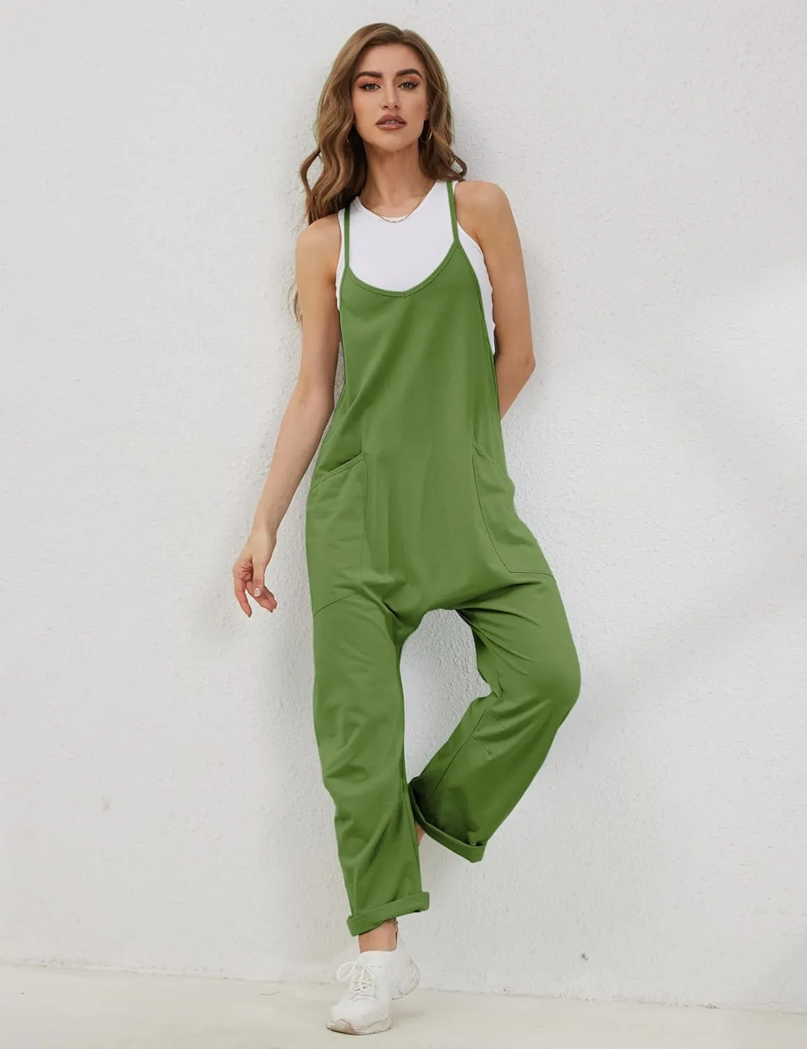 Lentta Women's Causal Jumpsuits V Neck Sleeveless Harem Overalls Stretchy Adjustable Strap Romper with Pockets