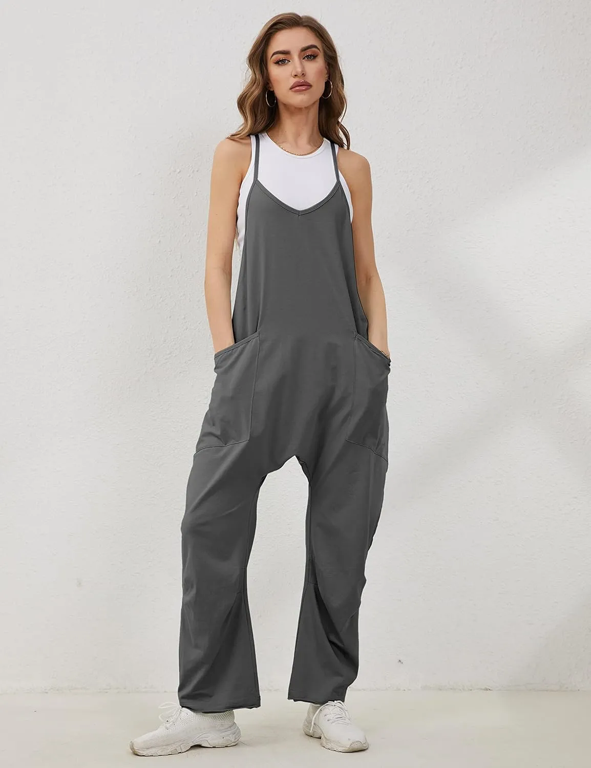 Lentta Women's Causal Jumpsuits V Neck Sleeveless Harem Overalls Stretchy Adjustable Strap Romper with Pockets
