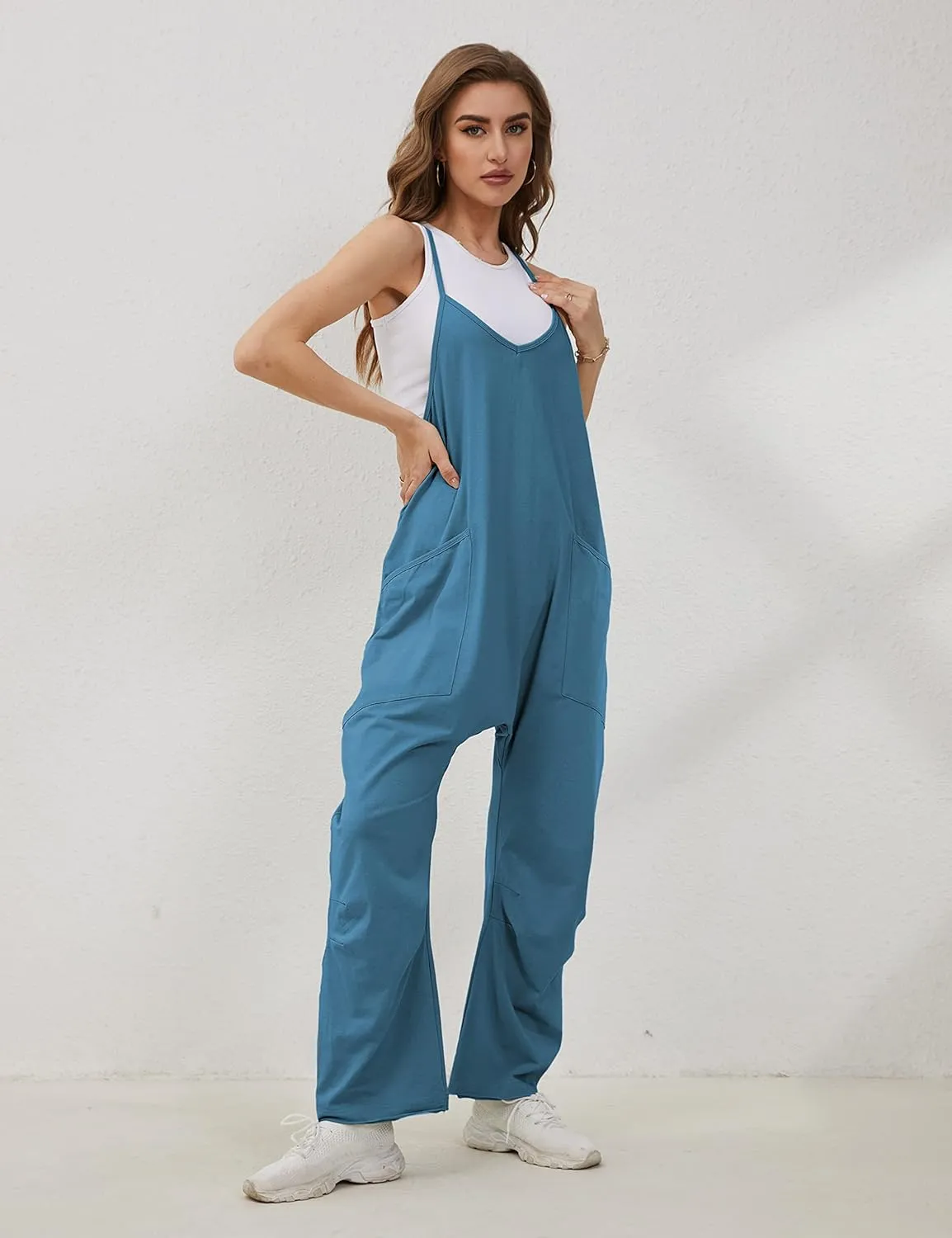 Lentta Women's Causal Jumpsuits V Neck Sleeveless Harem Overalls Stretchy Adjustable Strap Romper with Pockets