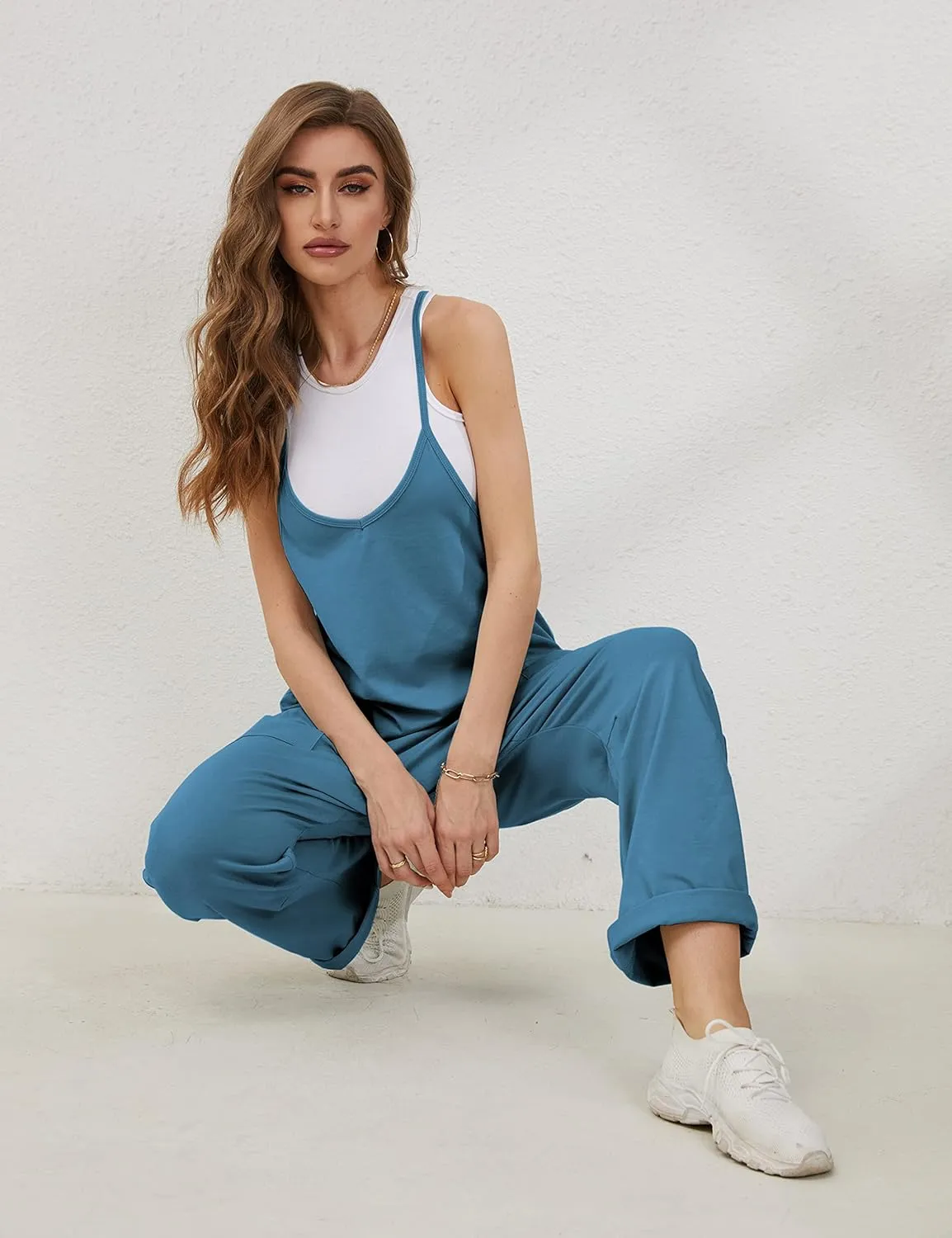 Lentta Women's Causal Jumpsuits V Neck Sleeveless Harem Overalls Stretchy Adjustable Strap Romper with Pockets