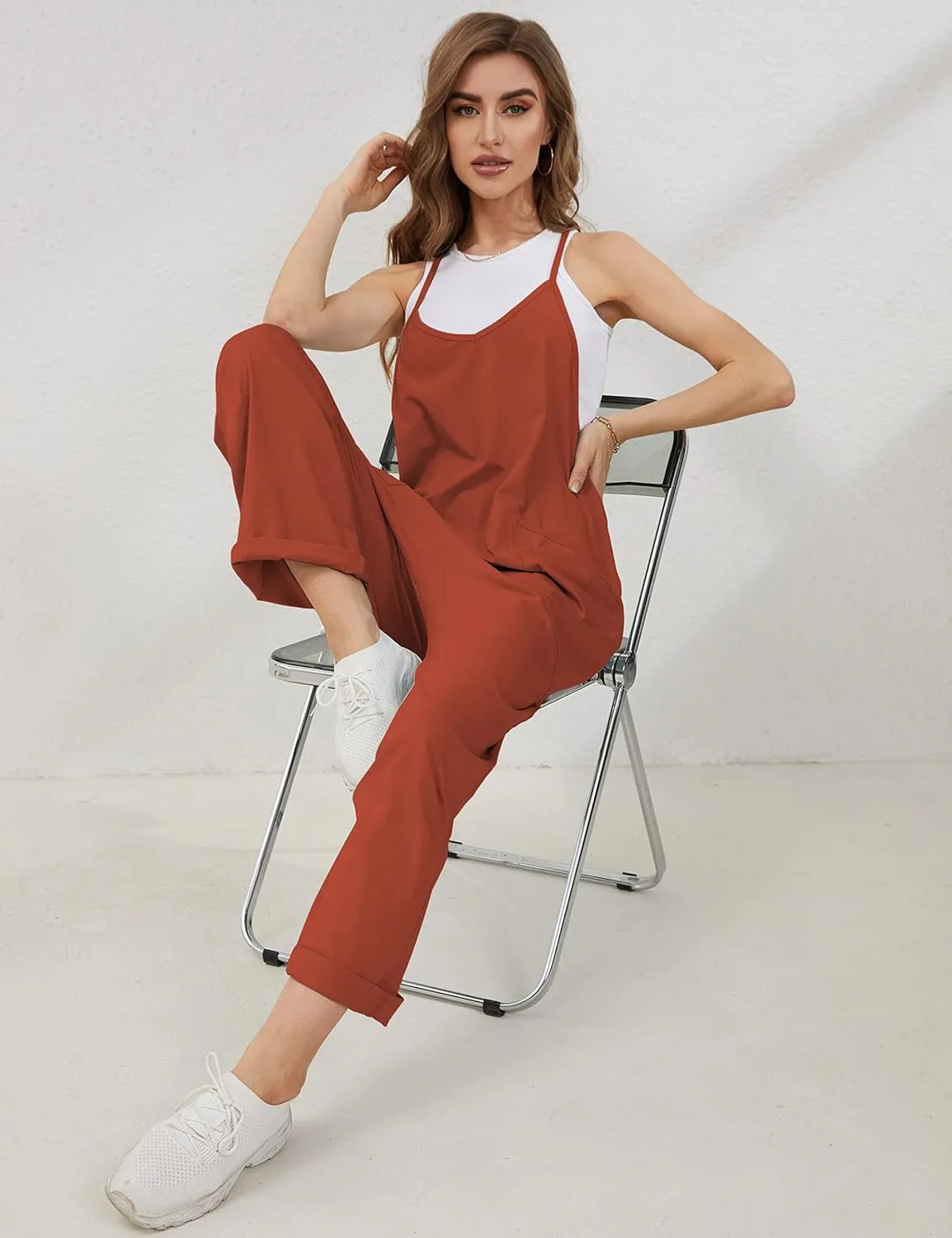 Lentta Women's Causal Jumpsuits V Neck Sleeveless Harem Overalls Stretchy Adjustable Strap Romper with Pockets