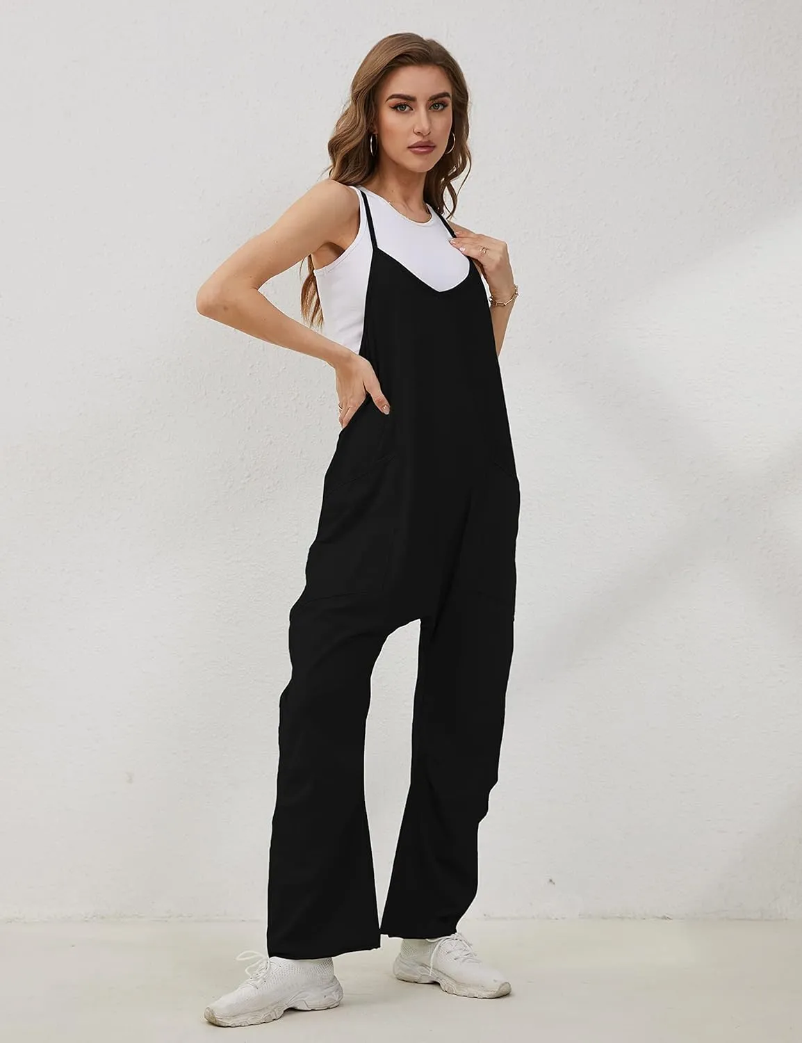 Lentta Women's Causal Jumpsuits V Neck Sleeveless Harem Overalls Stretchy Adjustable Strap Romper with Pockets