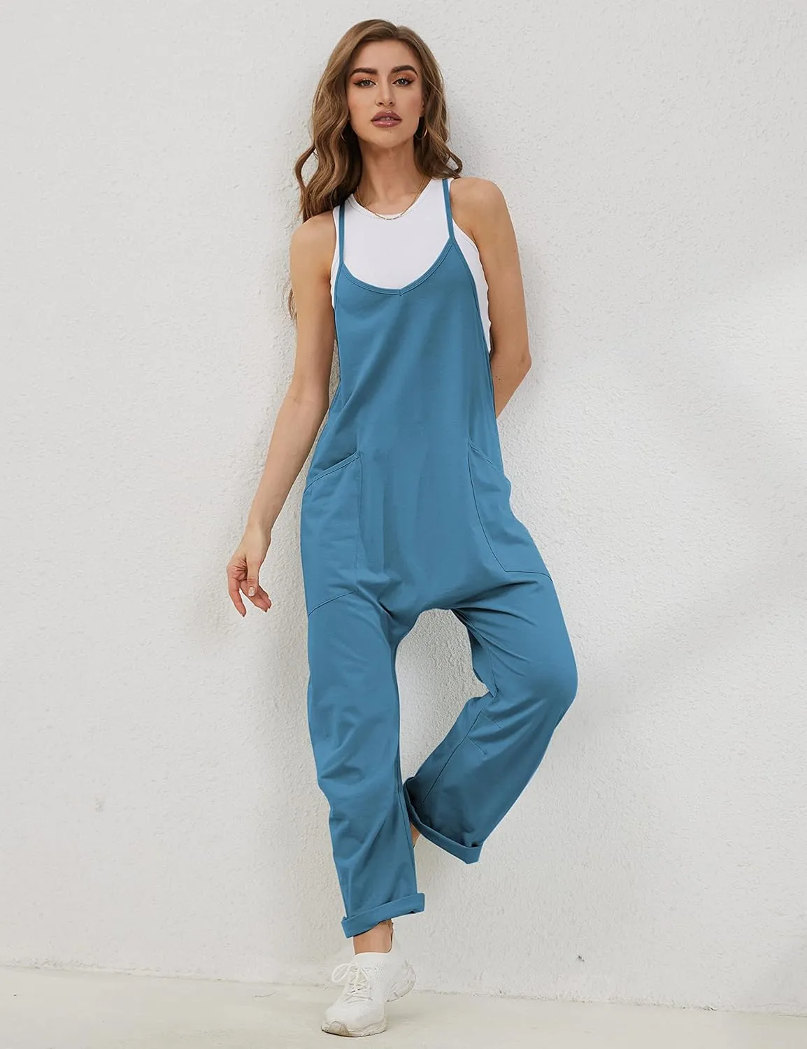 Lentta Women's Causal Jumpsuits V Neck Sleeveless Harem Overalls Stretchy Adjustable Strap Romper with Pockets