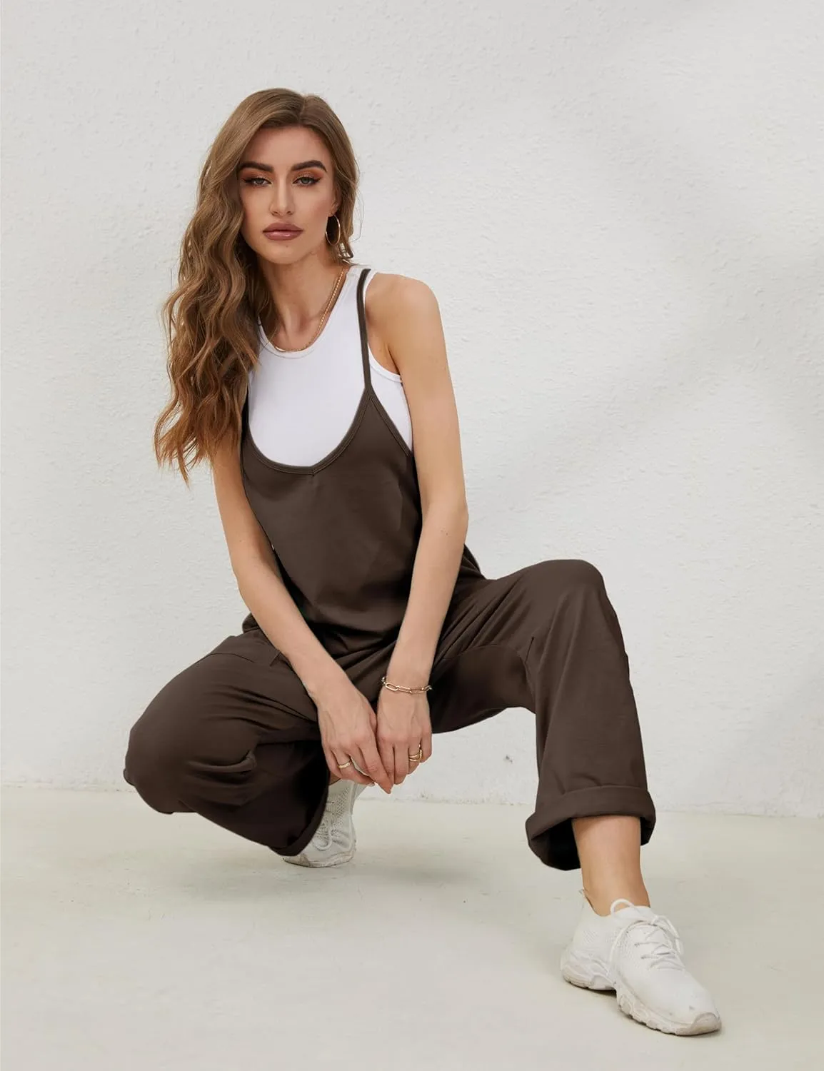 Lentta Women's Causal Jumpsuits V Neck Sleeveless Harem Overalls Stretchy Adjustable Strap Romper with Pockets