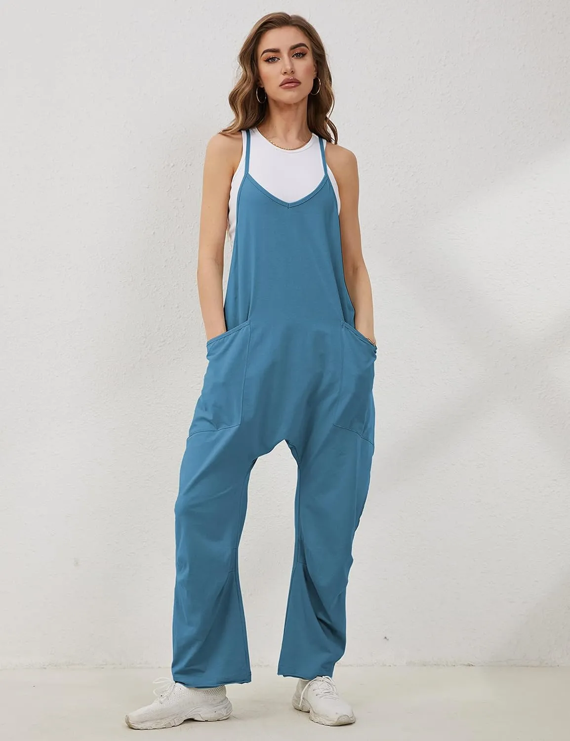 Lentta Women's Causal Jumpsuits V Neck Sleeveless Harem Overalls Stretchy Adjustable Strap Romper with Pockets