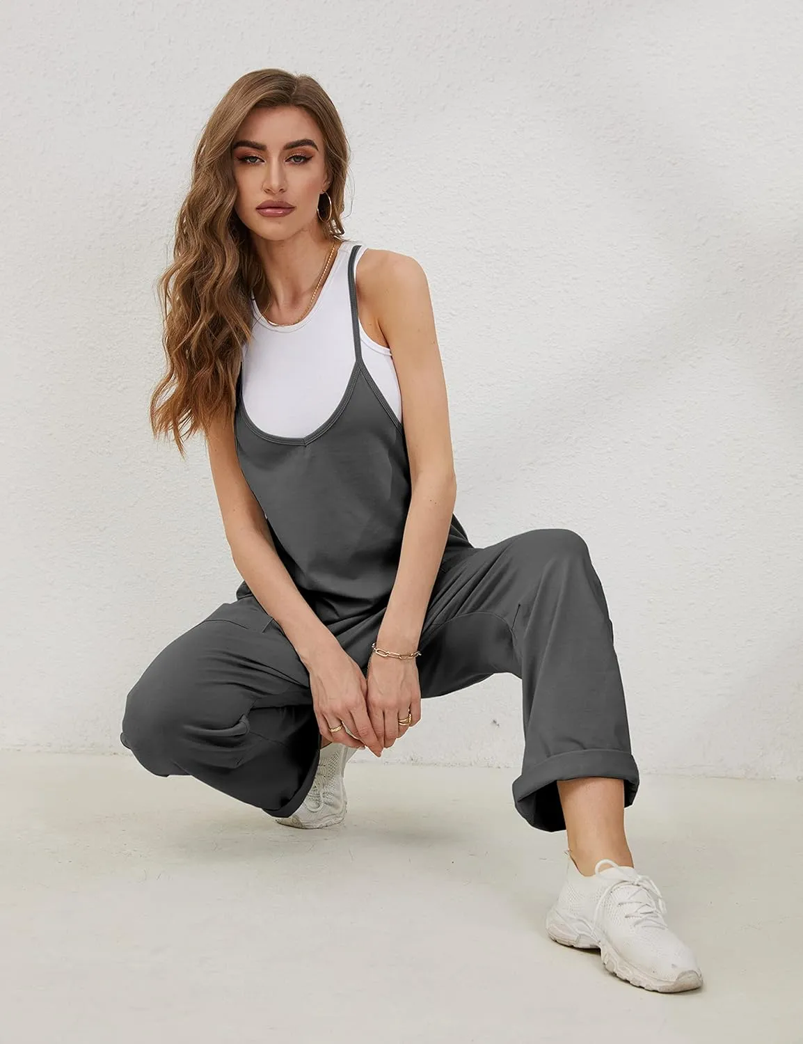 Lentta Women's Causal Jumpsuits V Neck Sleeveless Harem Overalls Stretchy Adjustable Strap Romper with Pockets
