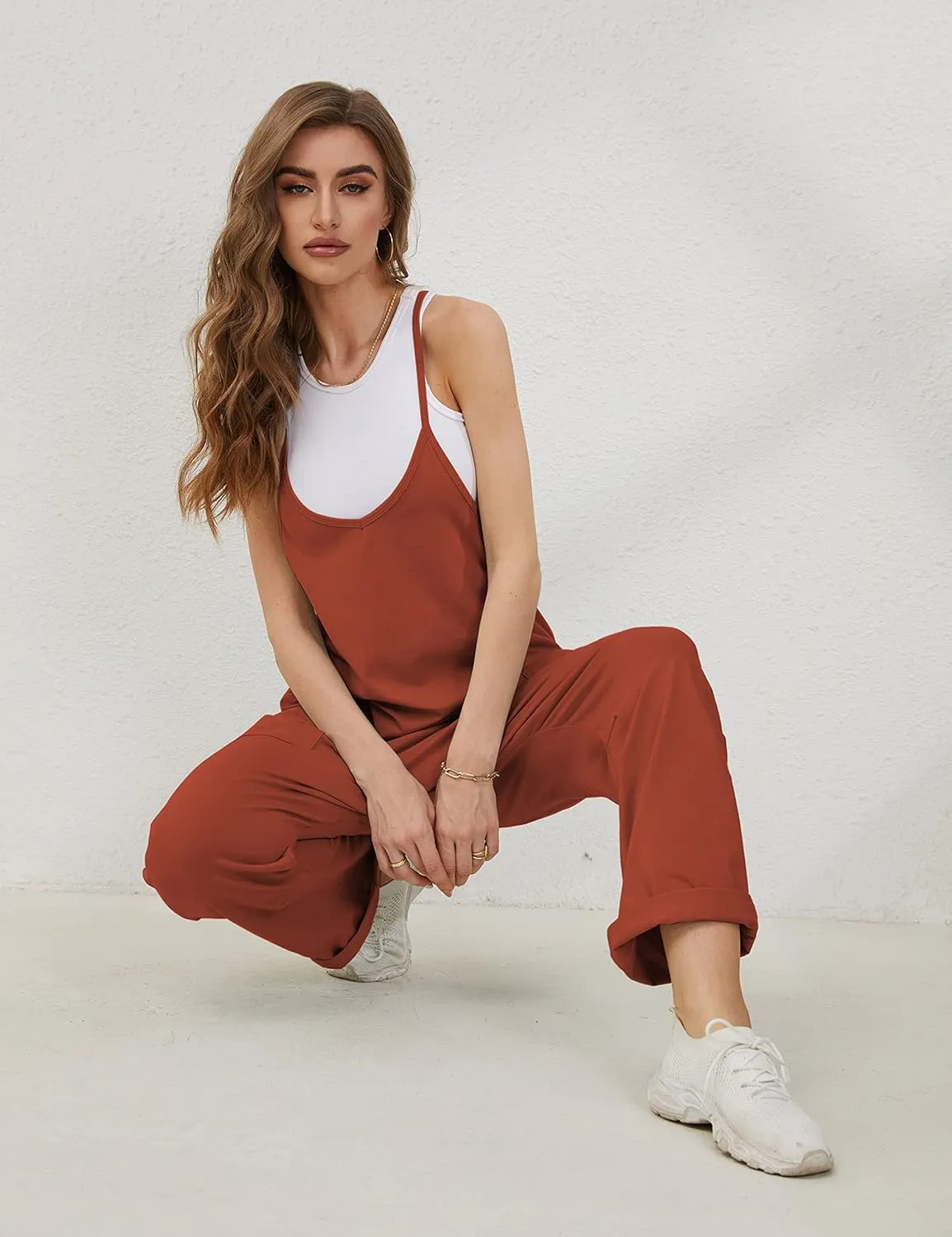 Lentta Women's Causal Jumpsuits V Neck Sleeveless Harem Overalls Stretchy Adjustable Strap Romper with Pockets