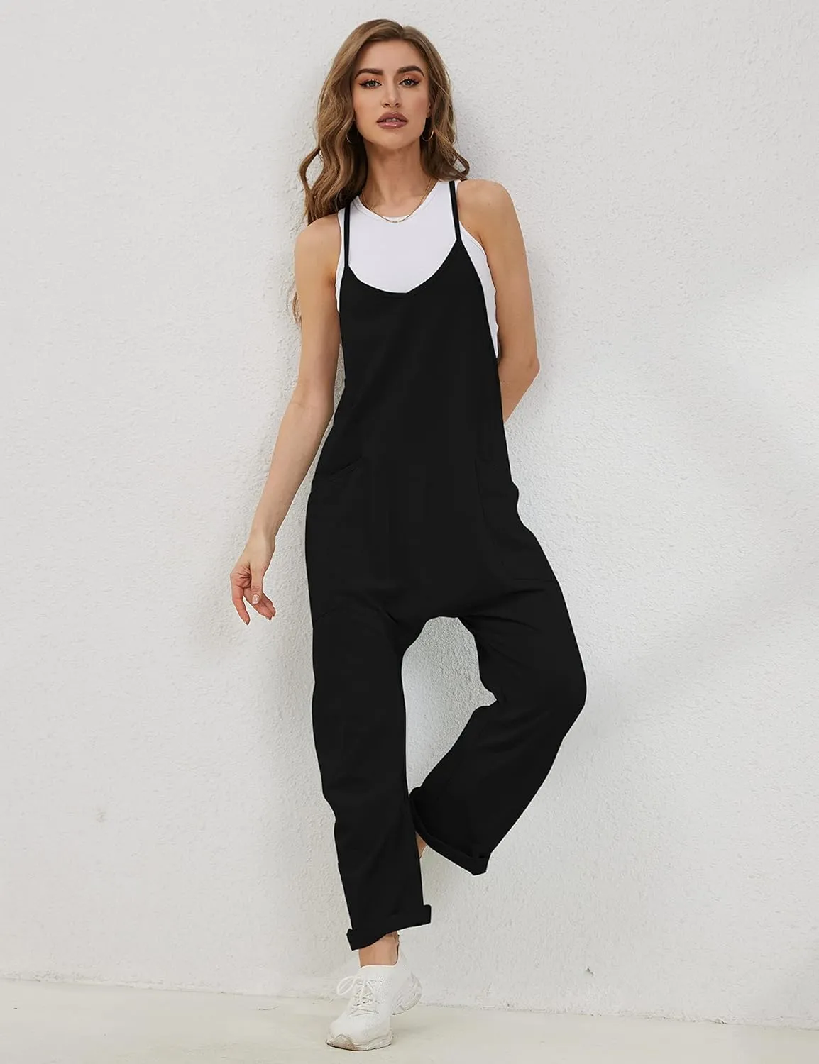Lentta Women's Causal Jumpsuits V Neck Sleeveless Harem Overalls Stretchy Adjustable Strap Romper with Pockets
